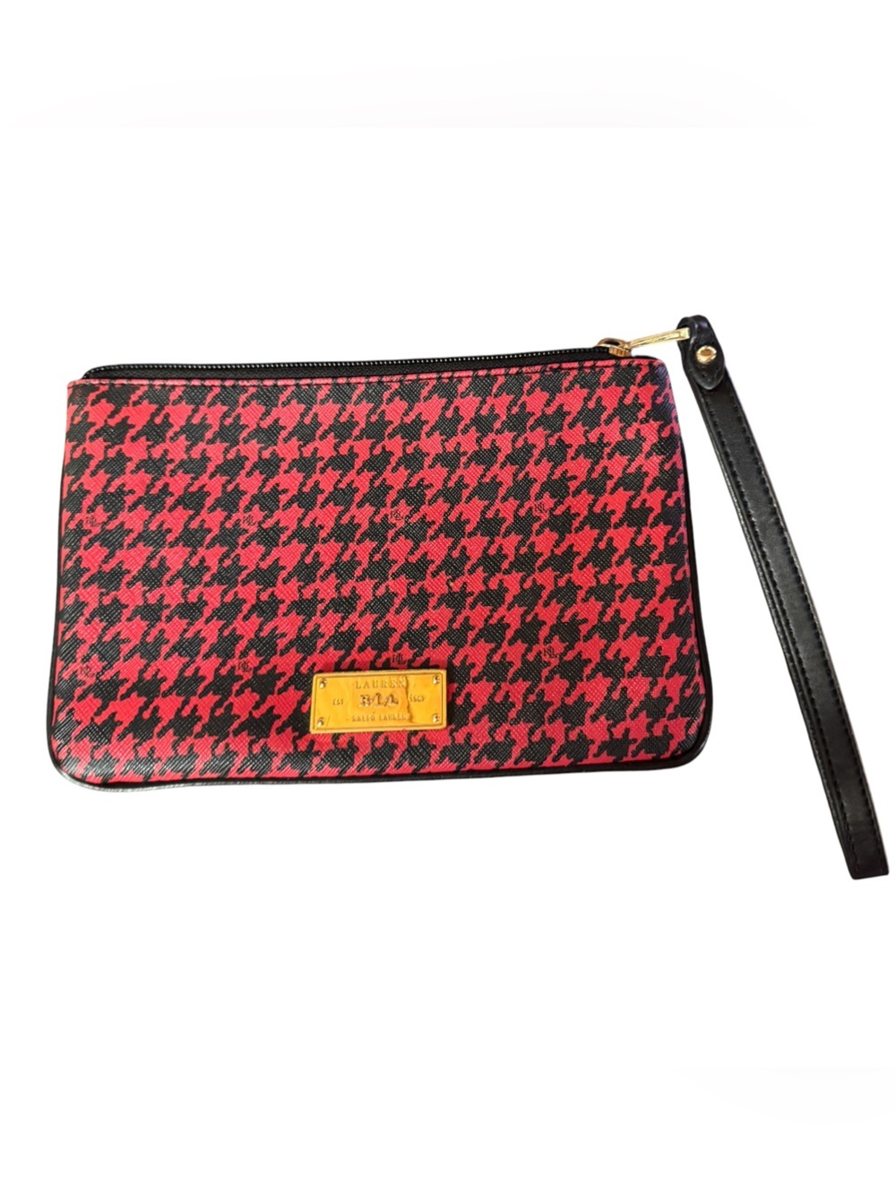 Lauren Ralph Lauren Red Houndstooth Wristlet Clutch Zip Wallet Gold Hardware